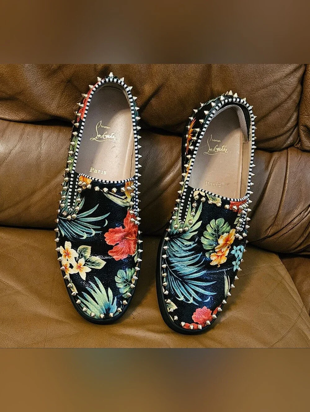 Men's Christian Louboutin Floral Spike-Studded Slip-On Loafers Size 11 US
